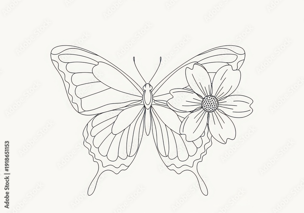 Obraz premium Intricate line drawing of a butterfly perched on a delicate flower