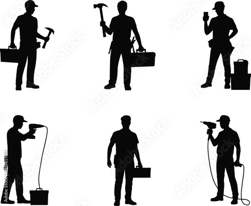 Construction worker silhouettes set, professional technicians holding hammers drills and toolboxes, industrial repair and maintenance workforce figures, skilled labor vector illustration, 