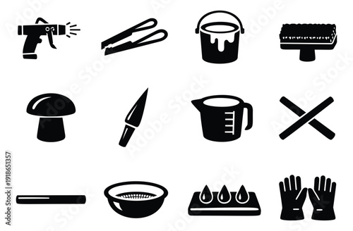 Simple glyph universal icon set featuring tools, measurement, and safety items for web, app, and interface design