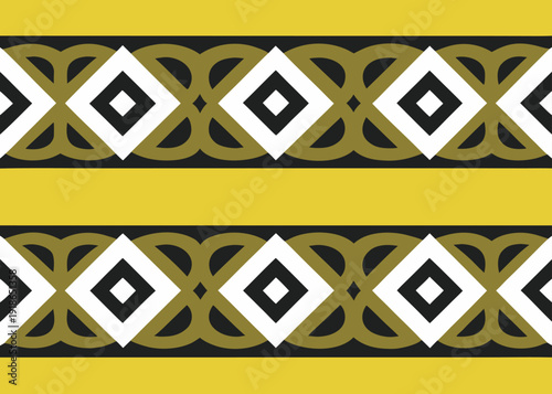 Seamless geometric pattern featuring horizontal bands and diamond shapes on a yellow background