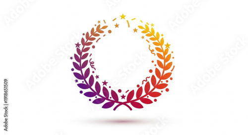 Vibrant rainbow laurel wreath with stars on white background