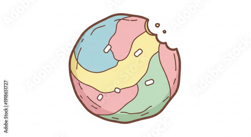 Colorful bitten donut with swirly frosting on white background