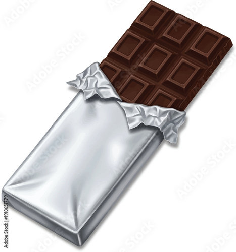 Illustration of Chocolate Bar Unwrapped Silver Foil Packaging Dark Brown