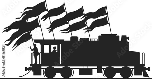 Black silhouette of a vintage steam locomotive train decorated with multiple blowing flags and a conductor on a white background for celebration and travel
