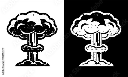 Nuclear explosion mushroom cloud vintage distressed graphic design.