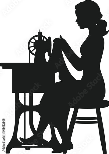 Black silhouette of a woman seamstress sitting and working on a vintage sewing machine at a table isolated on white background for tailoring