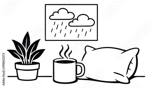 Minimalist line art illustration of a cozy rainy day scene depicting home comfort for relaxation