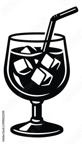 Line art illustration of an iced drink in a stemmed glass depicting ice cubes and a straw for a beverage menu