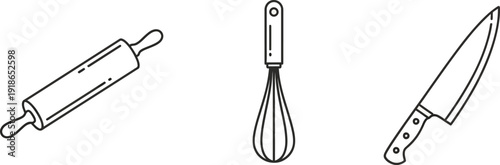 Essential kitchen utensils set featuring a rolling pin whisk and chefs knife in a minimalist outline vector style ideal for culinary and baking design elements