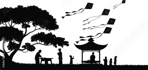 Black silhouette of people flying kites near a traditional oriental gazebo and large tree during a cultural festival in a grassy park field