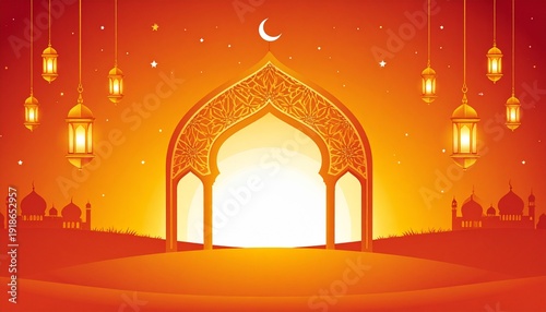 Wallpaper Mural Eid Mubarak background with mosque gate and lanterns illustration. Torontodigital.ca