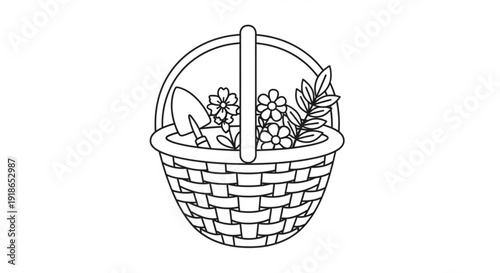 Woven basket filled with fresh berries and leafy greens on white background