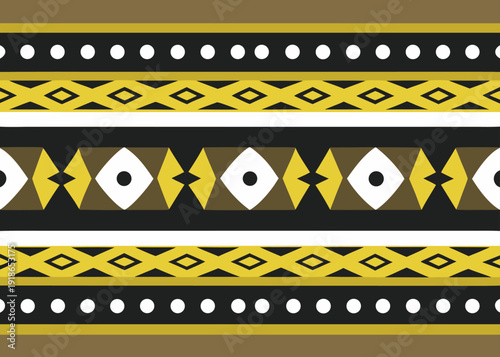 Seamless african geometric pattern with horizontal bands of dots triangles and diamonds.