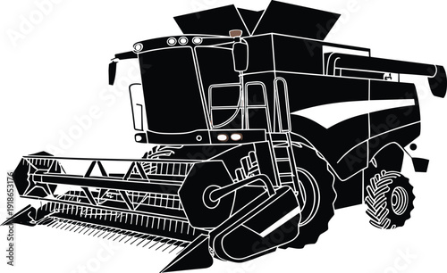 Black and white vector silhouette of a combine harvester for agricultural harvesting, farm machinery, grain production, and industrial farming equipment,