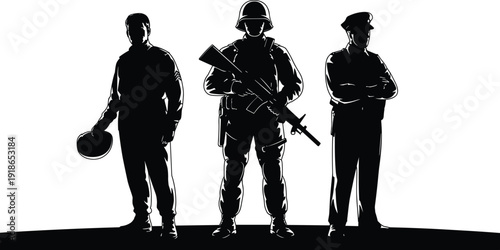 Black silhouette of three male soldiers and law enforcement officers standing in uniform for national security and military service on white background