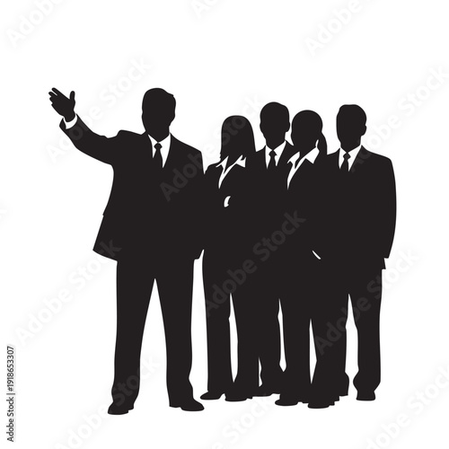 Silhouette of a business leader gesturing with an outstretched hand, guiding a group of professionals, symbolizing leadership, direction, and strategy