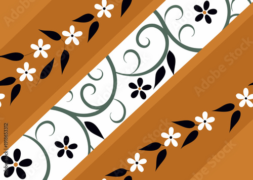 Indonesian batik pattern with floral vines and leaves on diagonal brown and white bands