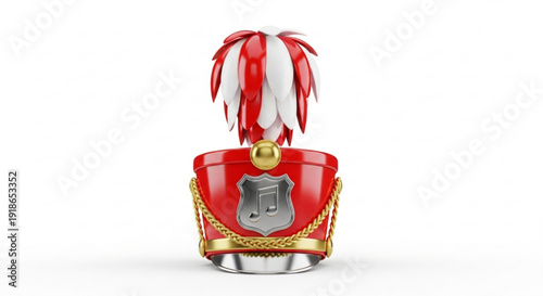 Red and white feathered helmet with gold accents and shield emblem on silver base