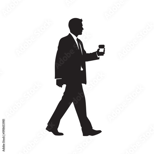 Silhouette vector of businessman walking with coffee cup, man in suit on coffee break, corporate professional enjoying hot drink