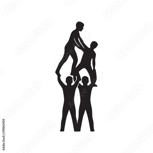 Human pyramid of business people black and white silhouette, isolated on a white background, team members supporting each other to lift one person higher, concept of teamwork and leadership