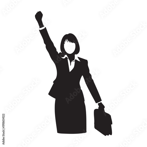 Silhouette of determined businesswoman with raised fist holding briefcase celebrates success in business career and professional achievement isolated on white