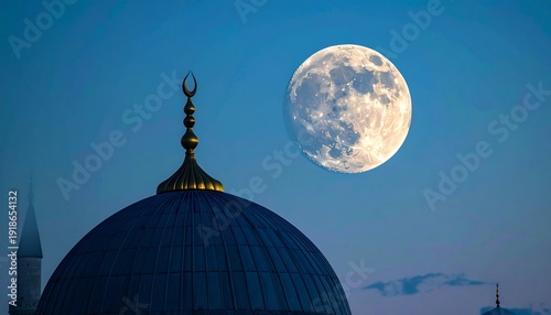 Wallpaper Mural Mosque Dome and Full Moon at Night - A Serene Religious Scene. Torontodigital.ca