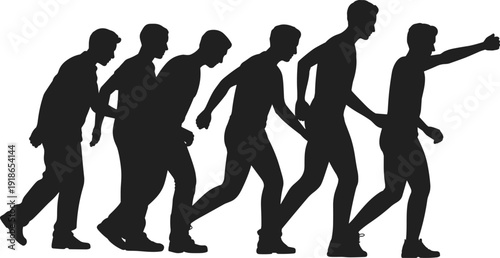 Black silhouettes of a man in different walking and lunging poses showing progressive movement isolated on white background for motion and evolution design