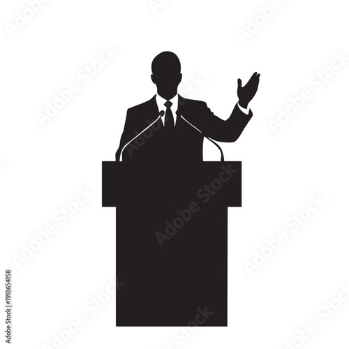 Orator behind a podium black and white silhouette, isolated on a white background, a man in a suit with a tie delivering a speech, gesturing with one hand, speaking at a conference