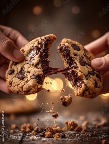Wallpaper Mural Hands Breaking Fresh Chocolate Chip Cookie with Melting Chocolate and Crumbs Torontodigital.ca