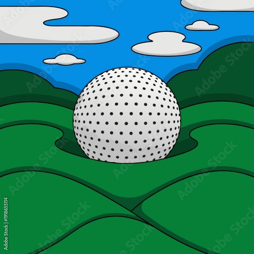 A detailed golf ball rests in a stylized green landscape under a blue sky with clouds