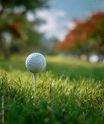Wallpaper Mural White Golf Ball on Silver Tee in Lush Green Grass with Autumn Trees Background Torontodigital.ca