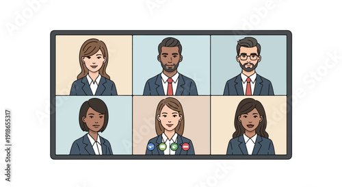 Illustration of six diverse business professionals in a video conference on a computer screen with a clean background.