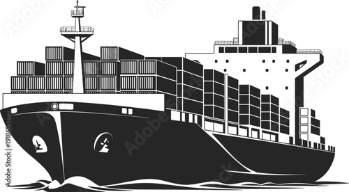 Vector silhouette of a massive container ship transporting freight on the ocean, international maritime logistics, global trade, and commercial shipping,