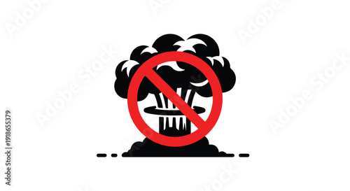 A black and white illustration of a mushroom cloud with a red prohibition sign over a generic building, on a plain white background.