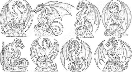 Collection of detailed fantasy dragon illustrations in various poses line art style perfect for coloring books mythical themes or graphic design elements