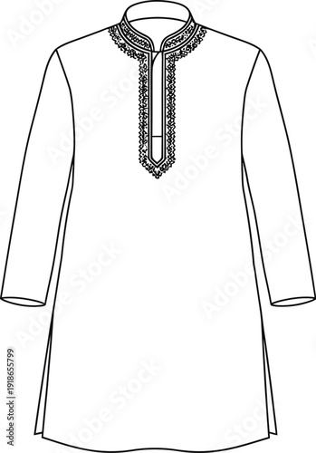 Mens traditional kurta tunic with intricate embroidery detail a blank outline vector illustration perfect for fashion design templates or cultural apparel concepts