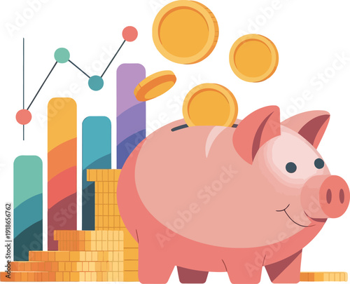 Piggy Bank and Financial Growth: An illustration of a cheerful piggy bank overflowing with gold coins, complemented by upward-trending financial charts and graphs symbolizing savings, investment.