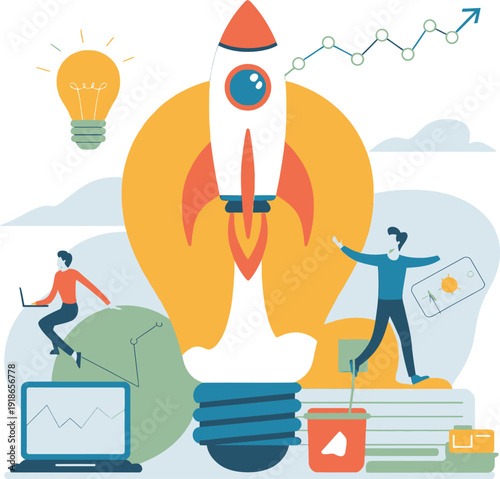 Innovation Ignition: Conceptualizing a dynamic illustration of innovation with people, a rocket launch, and the brilliance of the lightbulb.