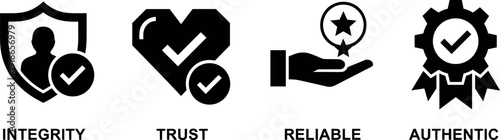 Integrity Trust Reliable Authentic Solid Icon Set Business Credibility Concept Vector Illustration