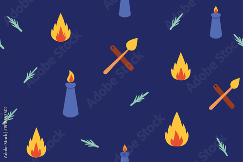 Minimalist fireplace elements with logs, flickering candlelight, and hearth tools, a charming flat vector pattern for holiday greetings and seasonal design.