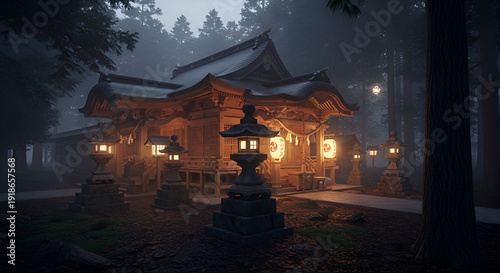 Traditional temple entrance with lanterns in rainy evening