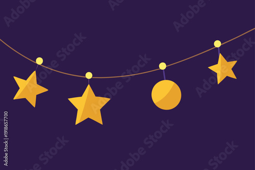 Charming flat design star and light bulb string decorations, a festive vector illustration for celebrations, holidays, and cheerful event decor.