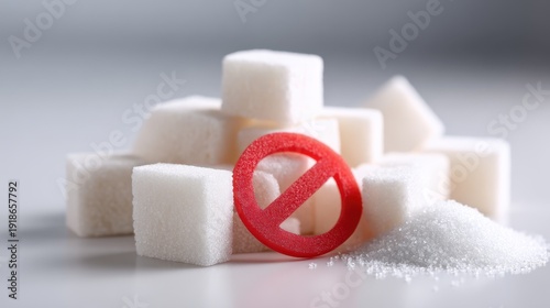 Sugar cubes arranged with a red no symbol in the foreground, emphasizing a message against sugar consumption and promoting healthier choices