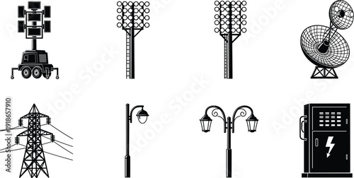 Set of outdoor infrastructure equipment silhouettes vector illustration, floodlights, radar antenna, power transmission tower, street lamps and electrical control cabinet isolated on white