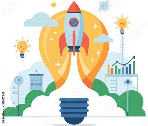 Startup Ignition: A vibrant illustration depicts a rocket soaring skyward, propelled by an idea, surrounded by elements symbolizing innovation, ideas, and growth, heralding a new beginning.