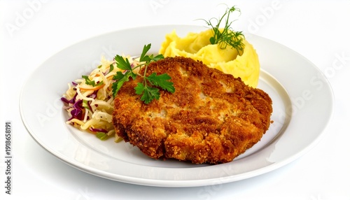 traditional polish dinner breaded pork cutlet with mashed potatoes