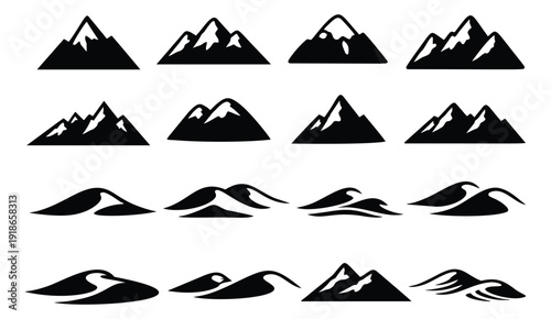 Minimalist solid silhouette mountain and hill icon set featuring various peaks, ranges, and natural landforms for nature, travel, and adventure designs