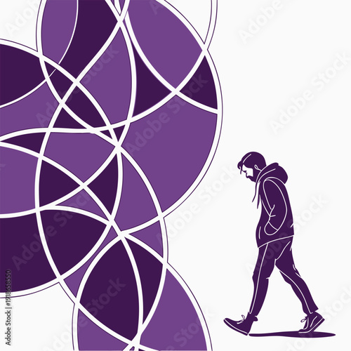 Navigating Solitude: A solitary figure, lost in contemplation, strides confidently towards a future shaped by abstract geometric patterns. 