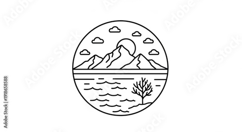Nature landscape with mountains sun tree and water in circle