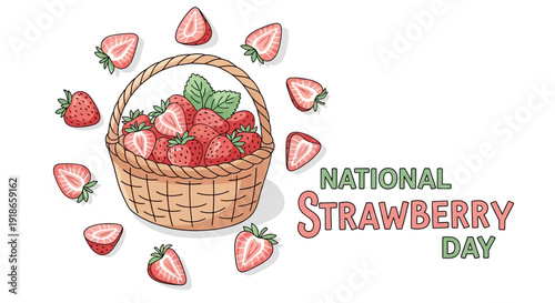 Illustration of a wicker basket filled with fresh strawberries surrounded by scattered fruit and text reading 'National Strawberry Day' in a colorful, playful vector style with a clean